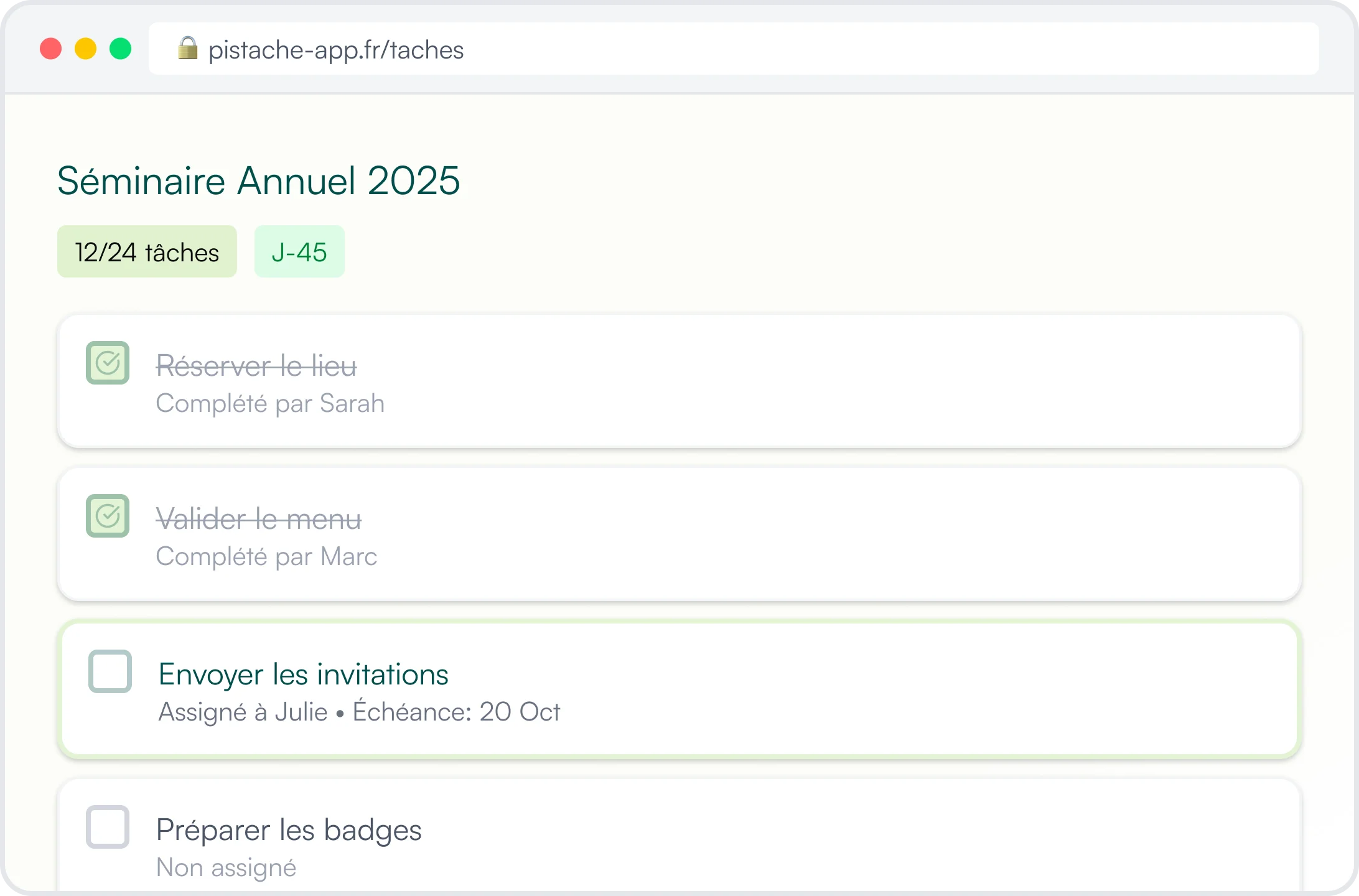 To-do lists automatiques - fonctionnalité Pistache pour événements professionnels