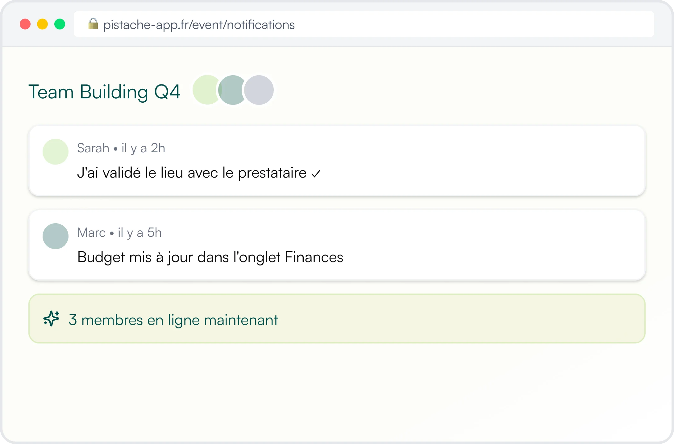 Collaboration équipe en temps réel - fonctionnalité Pistache pour événements professionnels