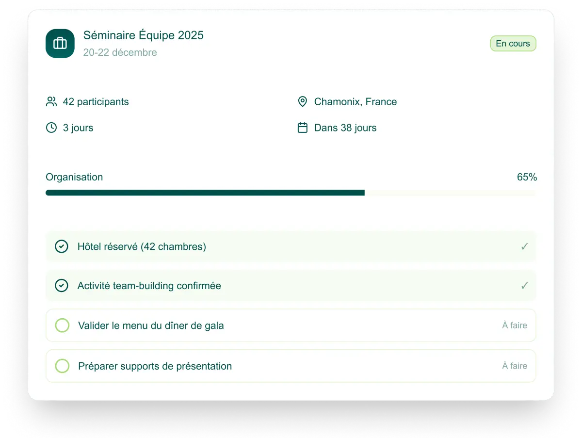 Interface principale de l'application Pistache pour la gestion d'événements professionnels - tableau de bord complet
