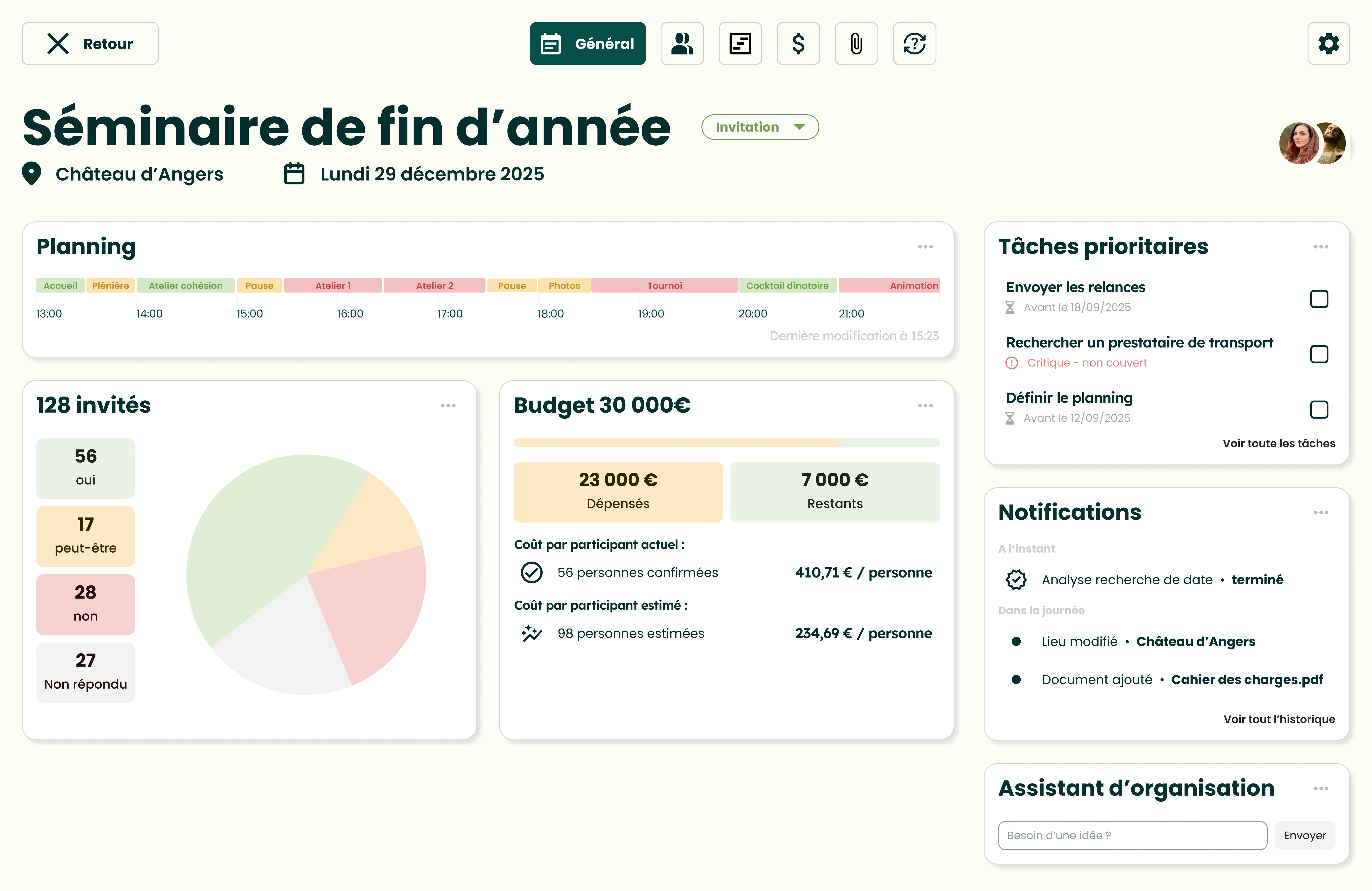 Capture d'écran de Pistache sur ordinateur - planification d'événement avec gestion des participants et budget en temps réel