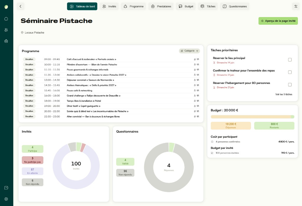 Screenshot of the Pistache dashboard